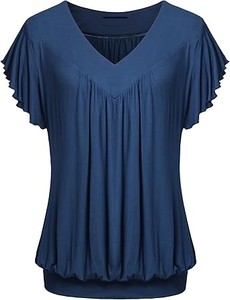 เสื้อยืดแขนระบายทรงหลวมมีจีบแขนสั้นคอวีของผู้หญิง - Product Image 2