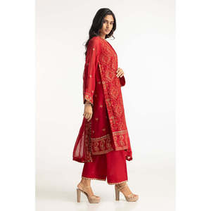 Ensemble de costume en mousseline de soie brodée rouge pour femmes, 3 pièces - Product Image 2