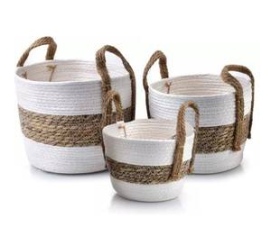 Set Of Certified Supplier Hamper Baskets Cotton and Stitching Seagrass Basket Cotton Basket Living Room For <b>Laundry</b> Room - Product Image 1