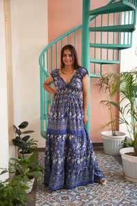 Vestido Largo Bohemio Gótico de Verano para Mujer, Estampado Floral Paisley, 100% Algodón, Escote Profundo en V, Mangas con Volantes, Natural - Product Image 2