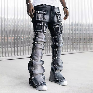 2025 dernier Style Vintage personnalisé hommes Baggy Denim jean motif solide lavé droite jambe large grande taille pantalon - Product Image 3