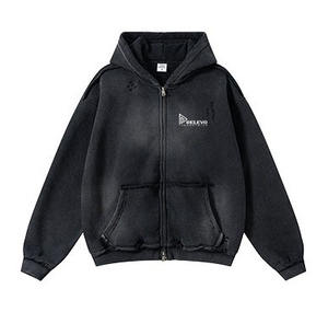 Plain High Quality Acid Washed Streetwear 400gsm Distressed Winter Sweatshirt Loose Oversized <b>Men</b> <b>Zipper</b> <b>Hoodie</b> - Product Image 4