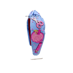 Crayon motif perlé bandeau fait à la main haut noué conception personnalisée cadeau parfait pour les enseignants de la rentrée - Product Image 2