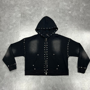 Sweat à capuche gaufré thermique vintage personnalisé pour hommes sweat à capuche zippé en coton 100% lavé à l'acide avec clous en métal Streetwear - Product Image 1