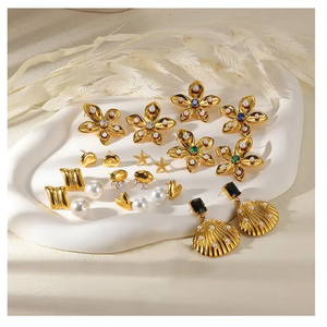 Pendientes de tuerca de circón con perlas chapadas en oro PVD Retro Vintage, diseño de estilo oceánico, pendientes en espiral de acero inoxidable antideslustre - Product Image 3