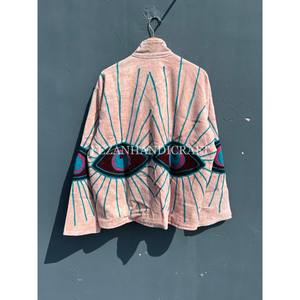 Unisex Autumn Winter Jacket Peach Velvet with Uzbek Floral Embroidery Stand Collar and Cotton Lining Women's <b>Coat</b> - Product Image 5