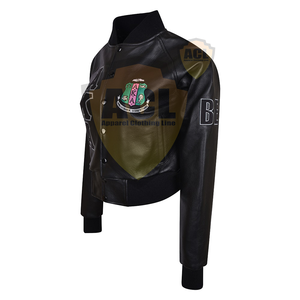 เสื้อแจ็คเก็ตเบสบอลสไตล์สตรีทแวร์ ปักลายเชนิลล์ พิมพ์ลายหนัง ผลิตโดย OEM รับทำโลโก้ตามสั่ง สำหรับผู้หญิง ทรงครอป แบบบอมเบอร์ วาร์ซิตี้ - Product Image 2