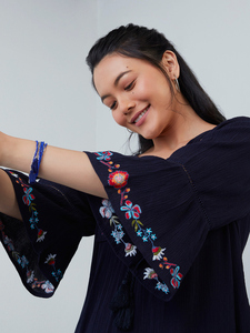 Vestido largo bordado tradicional de estilo dulce para mujer, Túnica holgada Bohemia para mujer con manga 3/4, Túnica Hippie de ensueño Vintage con borlas - Product Image 4