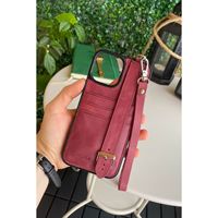 Aura-Étui de téléphone rouge bordeaux avec dragonne pour iPhone 13 Pro Max recouvert de cuir véritable avec compartiment pour cartes