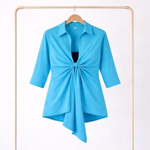 Top Casual Azul Cielo con Cuello Abierto para Mujer Talla Grande, Top Corto de Manga Corta con Estampado de Rayas para Playa - Product Image 6