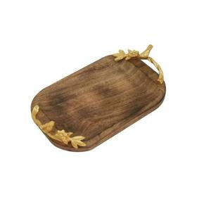 Bandejas de servir de madera de metal hechas a mano con asas de metal Color dorado y natural Acabado Forma ovalada Diseño clásico - Product Image 1
