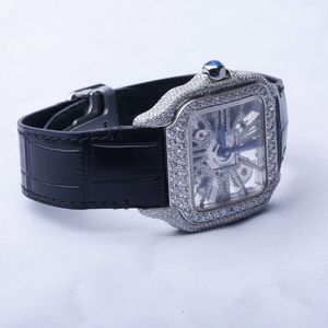 Montre en diamant Moissanite coupe ronde antique de luxe avec boîtier en acier inoxydable 20mm bracelet en cuir mouvement à Quartz analogique - Product Image 4