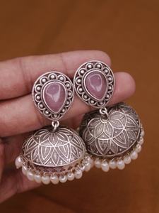 ต่างหู chittai jhumki ฐานทองเหลืองสีเงินดูคล้ายกับหิน monalisa ต่างหูแบบดั้งเดิมของผู้หญิงและเด็กผู้หญิง - Product Image 6