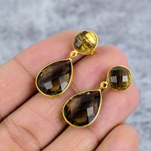 925เงินสเตอร์ลิงทำด้วยมือควอตซ์อัญมณีหยดลงต่างหูชุบทองรูปทรงลูกแพร์ดีไซน์แบบโบฮีเมียน - Product Image 3