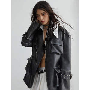 Veste en cuir végétalien pour femme Mauarci, style décontracté automne, col à revers, finition métallisée, personnalisable, couleur unie, en peau de mouton ou de vache - Product Image 1