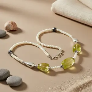 Collier bohème vintage pour femme en jade, pierre précieuse verte lime, perles de pierres précieuses, bijoux avec grenat, quartz, perle, turquoise, cadeau - Product Image 3