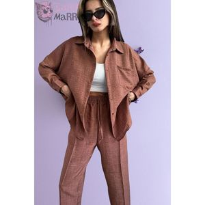 Pantaloni camicia da donna in lino Beige doppio con spago - Product Image 1