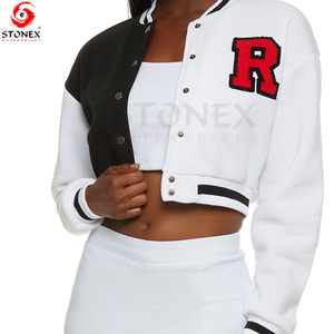 Chaqueta universitaria corta de lana de colección de invierno para mujer con mangas de cuero blanco 2023 abrigo de béisbol suministro al por mayor - Product Image 4