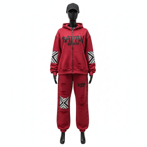 Chándal de Felpa de Algodón Premium para Hombre, 320 GSM, Tejido Suave Cepillado, Diseño de Panel Rojo, Logotipo Personalizado con Impresión Puff, Tallas Grandes - Product Image 1