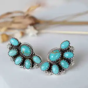 Natural Turquoise Earrings Gemstone Mexican Stud Sterling Silver Solid 925 Jewelry Blue Handmade Statement Earrings For Her