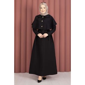 Minimalist Black <b>Cape</b> Detail Woolen Dress with Lace-Up for Daily Wear - Product Image 4