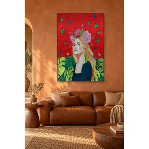 Fida, femme blonde avec couronne de roses sur fond rouge, impression sur toile - Product Image 3