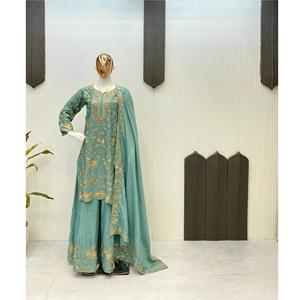Ensemble haut et palazzo brodés à sequins spéciaux de la saison de mariage avec vêtements ethniques Dupatta pour les occasions de fête et de fête - Product Image 1