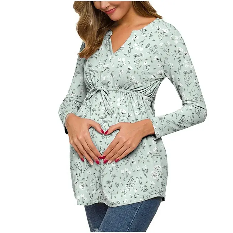 Yeni tasarım gebelik kadınlar rahat uzun kollu ön flweor iş annelik T-Shirt sonbahar günlük giyim