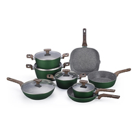 Set Peralatan Masak Aluminium Gorged, Lapisan Marmer, Serat Kayu, Pegangan Sentuhan Lembut