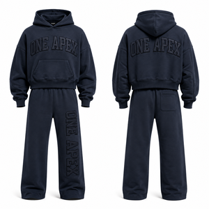 Ensemble survêtement streetwear ONEAPEX Premium en coton épais gaufré, comprenant un sweat à capuche court oversize et un pantalon de survêtement large - Product Image 2