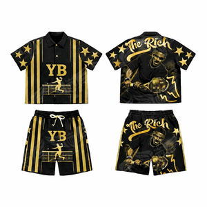 Conjunto de Dos Piezas de Ropa Urbana Negra Personalizada para Hombre 2026, Camisa con Botones y Estampado Gráfico y Pantalones Cortos Deportivos a Juego con Estampado de Jugador de Tenis - Product Image 4