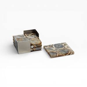 Ensemble de dessous-de-verre en agate grise naturelle avec surface polie à la main et finition dorée pour une décoration de table élégante - Product Image 6