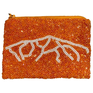 Monedero de montaña Calvo exclusivo con cuentas naranjas y blancas bordado hecho a mano único con estilo y toque de lujo de Hiba Enterprises - Product Image 1