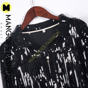 Chaqueta acolchada de lona de algodón reflectante plateado elegante para mujer-Lentejuelas de manga larga de moda con flecos Transpirable Negro - Product Image 4