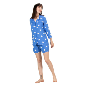 <b>Women's</b> 100% Rayon Blue Button-Down Sleepwear Loge Set 2-Piece Pama <b>Shorts</b> Plus Size Dress <b>for</b> Home Use Summer Wholesale Supply - Product Image 1