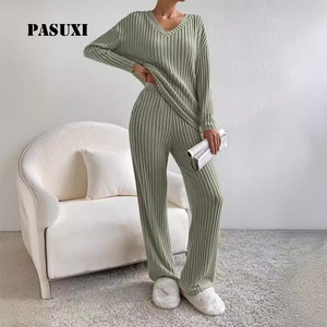 PASUXI Set Loungewear da Donna all'Ingrosso, Elegante Pigiama <span class=keywords><strong>in</strong></span> Maglia <span class=keywords><strong>con</strong></span> Scollo a V, <span class=keywords><strong>Pantaloni</strong></span> a Gamba Larga, Completo Due Pezzi Chic per Casa e Notte - Product Image 1
