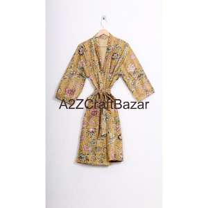 Classy Kantha Kimono Jacket Quilted Hand Printed Cotton Elegant <b>Festive</b> Wear Breathable Long V-neck Drawstring Closure Floral - Product Image 5