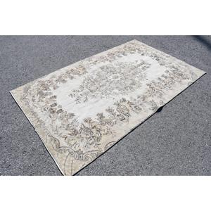 Tapis turc 5x8,2 pieds, grand tapis vintage, tapis persan en laine blanc et marron - Product Image 1