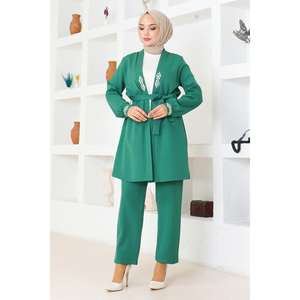 MSW19203-4 Ensemble décontracté 2 pièces avec détails en pierre émeraude, hauts longs mi-mollet à manches longues et col rond, 100% Polyester - Product Image 3