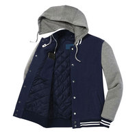 Blouson universitaire à capuche pour homme, bleu marine et gris, en polaire, avec fermeture à boutons-pression, ourlet côtelé et poignets rayés, vêtement d'extérieur décontracté, fabricant