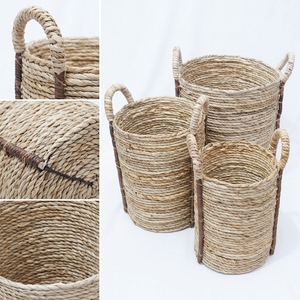 Natural Banana Bark Recycled <b>Plastic</b> <b>Basket</b> Set Cylinder Arch Handle Tall Pot Planter Pure Art Setup Room Decor Art Craft Setup - Product Image 3