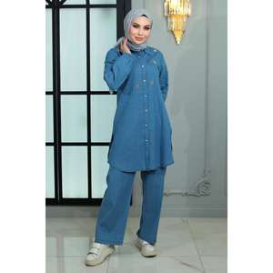 Conjunto Casual de 2 Piezas para Mujer, con Botones y Detalles en Denim, Cuello Redondo, Manga Larga, Talla XS, Top Corto y Falda Midi, para Verano - Product Image 6