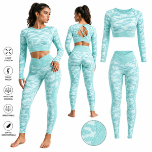 Conjunto de Top de Manga Larga para Mujer con Estampado por Sublimación de Poliéster y Cierre Cruzado, con Leggings de Cintura Alta y Efecto Scrunch para Sentadillas - Product Image 5