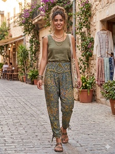 Pantalon décontracté bohème élégant et confortable à devant plat 100 % soie coupe ample pour femme, taille élastique, séchage rapide, anti-plis, écologique - Product Image 2