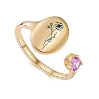 Bague Bypass en Or Personnalisée avec Plaque Ovale Gravée de Fleurs et Quatre Griffes pour Femme