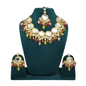 Ensemble de colliers en acier inoxydable à double couche multicolores Meenakari Kundan, bijoux fins vintage avec perle pour les mariages et les cadeaux - Product Image 1