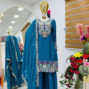 Juego étnico indio de 3 piezas para Bodas de invierno, fiestas, Diwali, diseñador bordado, listo para usar, Sharara Gharara, Georgette, seda - Product Image 1