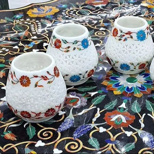 Luxury Handcrafted White <b>Marble</b> <b>Candle</b> Pen Holder Intricate Inlay Work Elegant Decorative Stone Holder Home Polished Stone Craft - Product Image 1