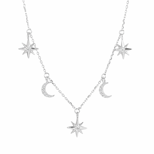 Collier chaîne avec pendentif délicat en forme d'étoile et de croissant de lune Art Déco, or pur 18 carats ou argent sterling, diamant de laboratoire, cadeaux pour elle - Product Image 2