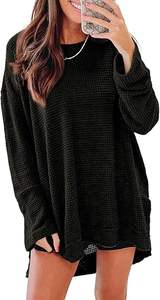 Camisas de manga larga para mujer, sudadera de gran tamaño, cuello redondo, Waffle Knit, Tops de primavera para mujer 2025 - Product Image 4